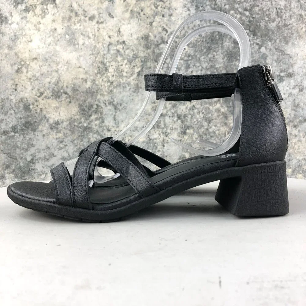 Eileen Fisher NWOT Women's Size 6.5 Noni Black Leather Open Toe Heeled Sandals